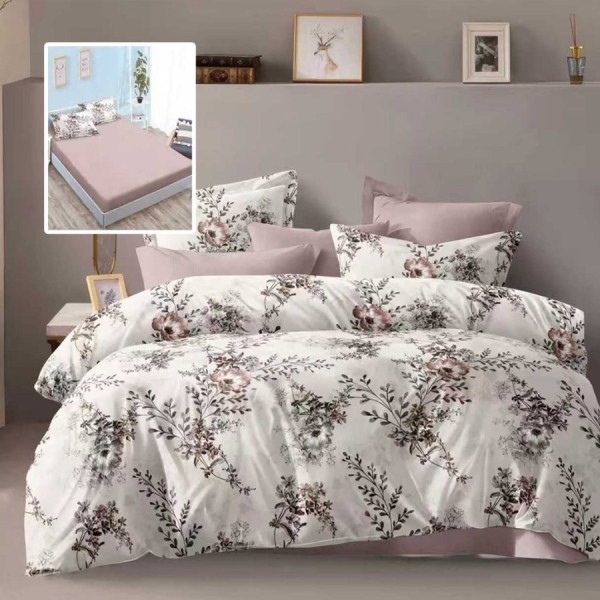 Lenjerie de pat dublu 6 piese cu elastic cu imprimeu flori roz cappuccino si cearsaf roz deschis