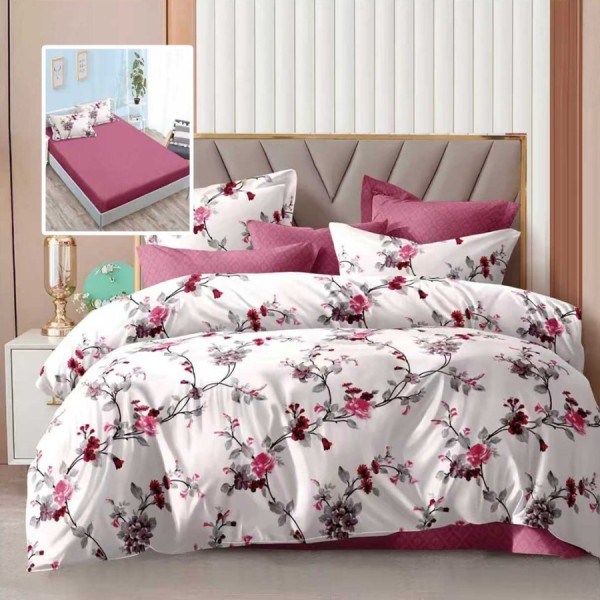 Lenjerie de pat dublu 6 piese cu elastic bumbac flori roz mov