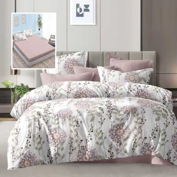 lenjerie de pat dublu 6 piese cu elastic flori roz mov si cearceaf roz pudra