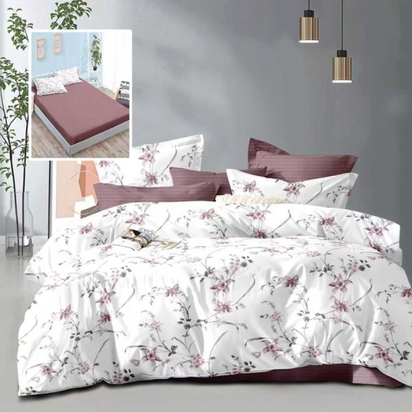 Lenjerie pat dublu 6 piese cu elastic flori roz mov si cearceaf maro rosiatic