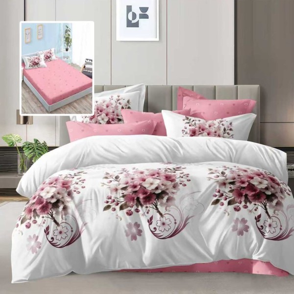 lenjerie de pat dublu 6 piese cu elastic flori roz cu cearceaf asortat si fete de perna cu imprimeu floral