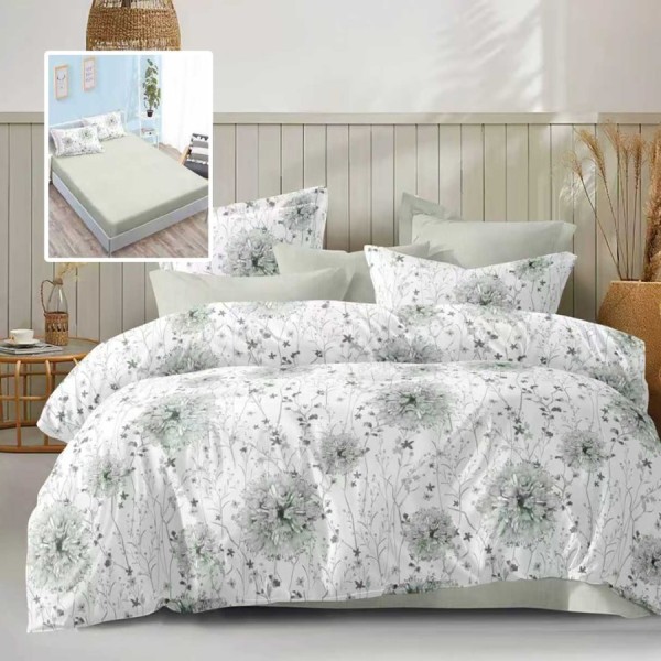 Lenjerie de pat dublu 6 piese cu elastic cu imprimeu flori verde pal si cearsaf verde pal