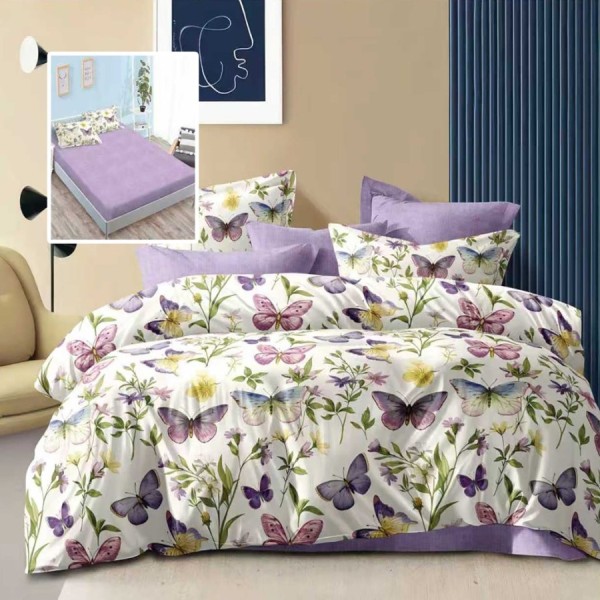 Lenjerie pat dublu 6 piese cu elastic, imprimeu fluturi mov pe fundal alb si cearceaf mov uni