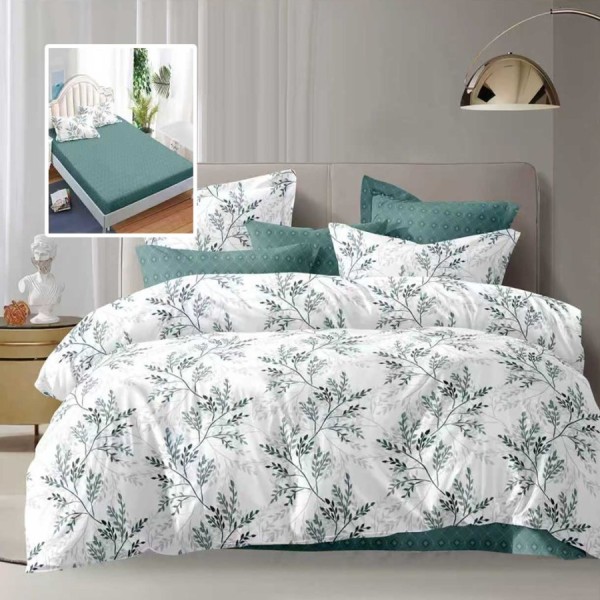 Lenjerie de pat dublu 6 piese cu elastic, imprimeu frunze verde si cearceaf verde uni