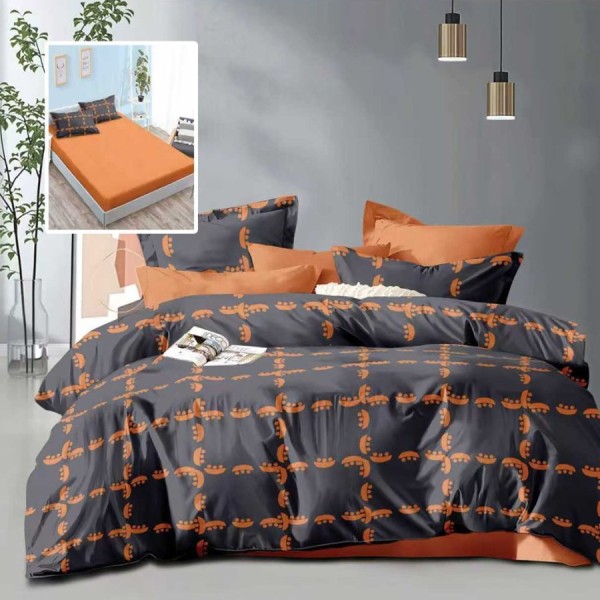 lenjerie pat dublu gri cu model geometric portocaliu si cearsaf cu elastic portocaliu