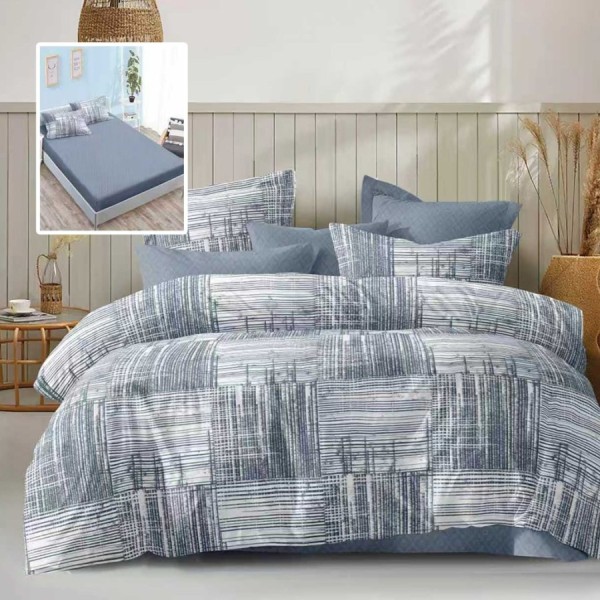 lenjerie pat dublu 6 piese cu elastic gri cu imprimeu linii si patrate