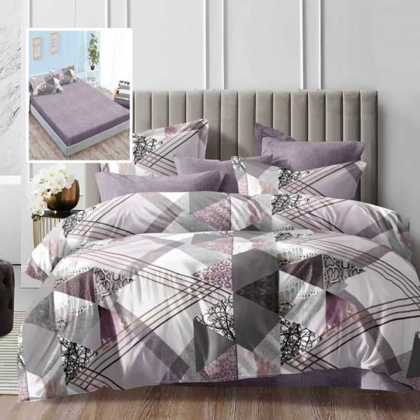Lenjerie de pat dublu gri mov cu design geometric si cearsaf de pat cu elastic, 6 piese