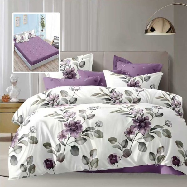lenjerie de pat dublu 6 piese cu elastic mov cu flori si cearceaf mov uni