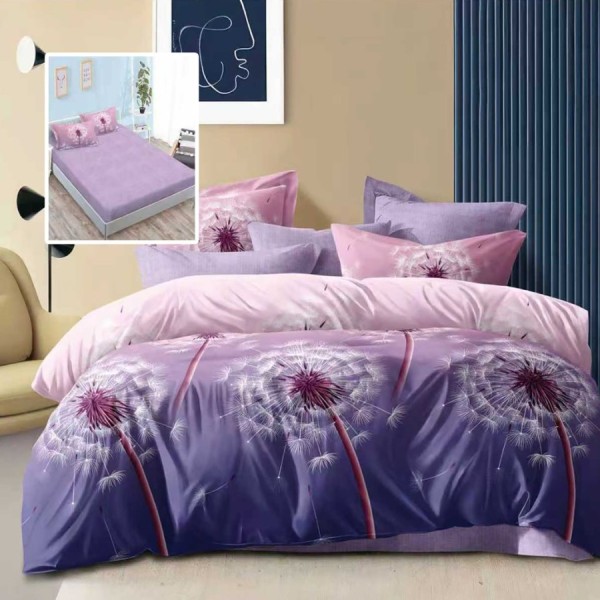 lenjerie de pat dublu 6 piese cu elastic papadii mov cu cearceaf mov deschis si fete de perna asortate