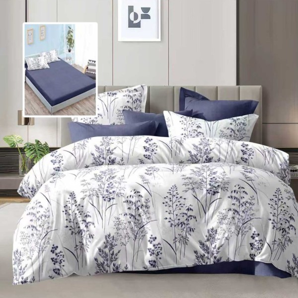 Lenjerie de pat dublu 6 piese cu elastic cu imprimeu plante alb albastru si cearsaf albastru inchis