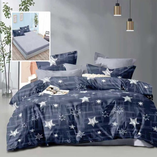 Lenjerie de pat dublu 6 piese cu elastic cu imprimeu stelute albastru gri si cearsaf gri deschis
