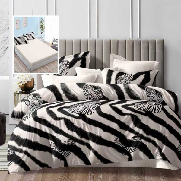 Lenjerie de pat dublu 6 piese cu elastic zebra, bumbac, imprimeu alb-negru cu husa crem