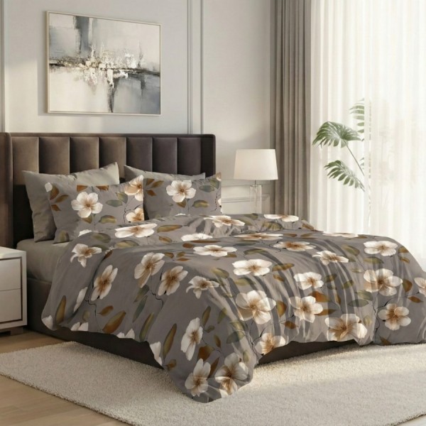 Lenjerie pat dublu flori 6 piese ralex pucioasa bumbac poliester model floral elegant pe fundal gri