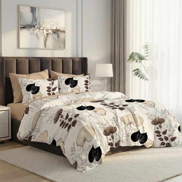 Lenjerie pat dublu frunze bej ralex pucioasa 6 piese design elegant