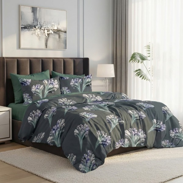 Lenjerie pat dublu gri cu flori ralex pucioasa 6 piese design floral elegant gri verde