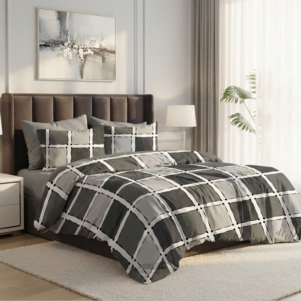 Lenjerie pat dublu patrate gri 6 piese bumbac poliester model geometric modern