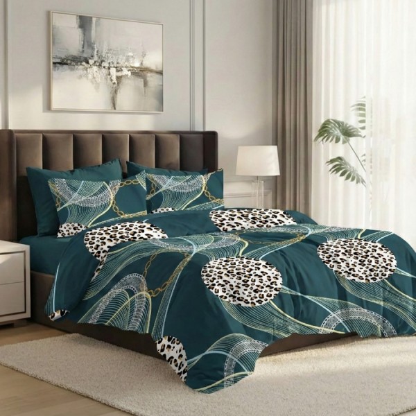 Lenjerie pat dublu abstract verde petrol 6 piese ralex pucioasa bumbac poliester model modern