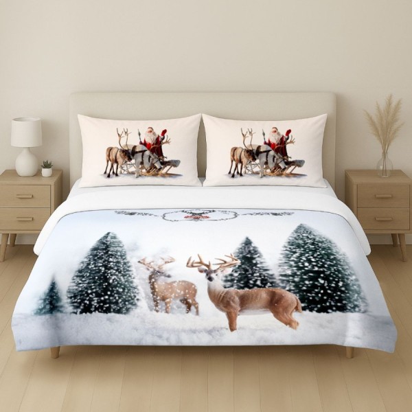 Lenjerie de pat 3D Craciun Deer bumbac 100% ranforce cu reni si peisaj de iarna
