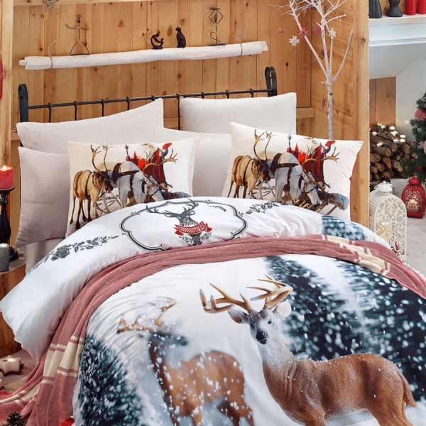 Lenjerie de pat 3D Craciun Deer bumbac 100% ranforce cu reni si peisaj de iarna