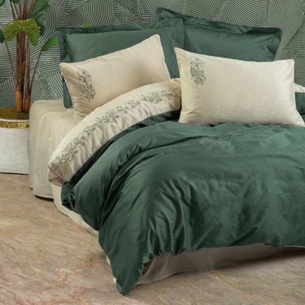 lenjerie brodata de lux Cotton Box Andy Green din bumbac satinat verde inchis si crem cu broderii delicate