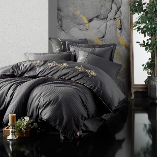 Lenjerie brodata de lux Cotton Box King Anthracite din bumbac satinat antracit cu broderii aurii