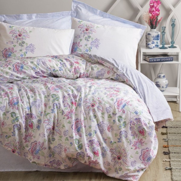 Lenjerie de pat Cotton Box din bumbac ranforce cu design floral vibrant în nuanțe de roz, mov, albastru și verde pe fundal alb
