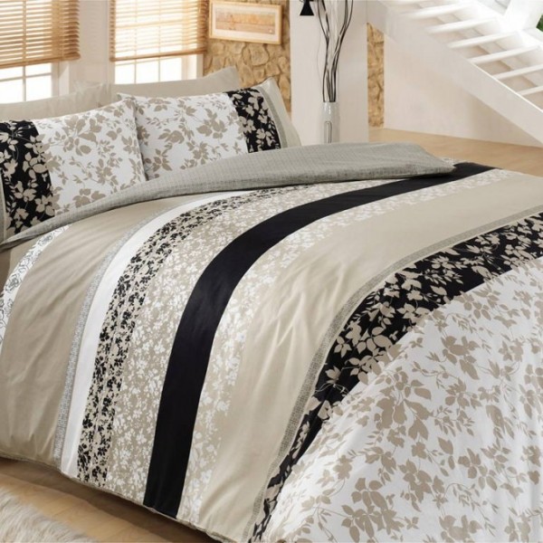 Lenjerie de pat dublu Cotton Box Deborah, bumbac 100% ranforce, design negru, alb și bej, motive florale și dungi elegante