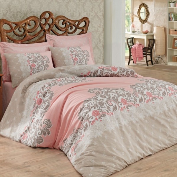 Lenjerie de pat din bumbac 100% ranforce, Megan, roz pal și bej, imprimeu elegant de arabescuri gri și flori delicate