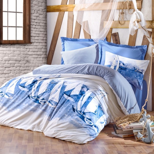 Lenjerie de pat dublu Cotton Box Pusla, bumbac 100% ranforce, design albastru și alb, motive nautice și imagini de bărci