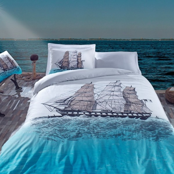 Lenjerie de pat din bumbac 100% ranforce, Ship, albastru și alb, imprimeu detaliat de corabie navigând pe ocean
