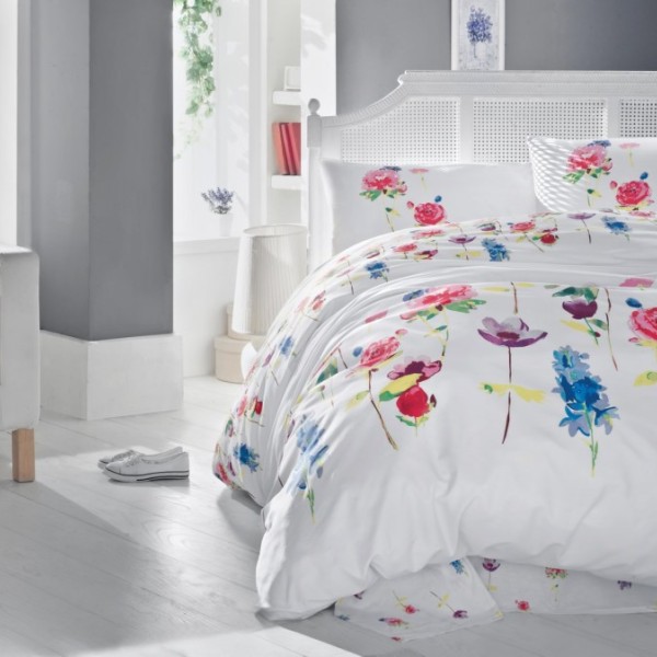 Lenjerie de pat din bumbac 100% ranforce, Spring, alb și fucsia, imprimeu flora