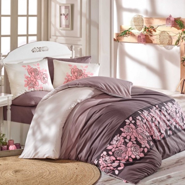 Lenjerie de pat pentru o persoană Hobby Home Dante Martina, bumbac 100% ranforce, design bej și roz, motive florale delicate