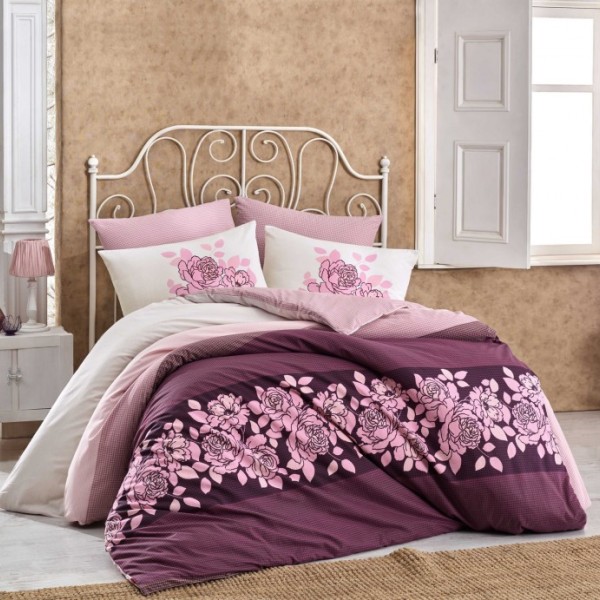Lenjerie de pat pentru o persoană Hobby Home Dante Martina, bumbac 100% ranforce, design violet și roz, motive florale delicate