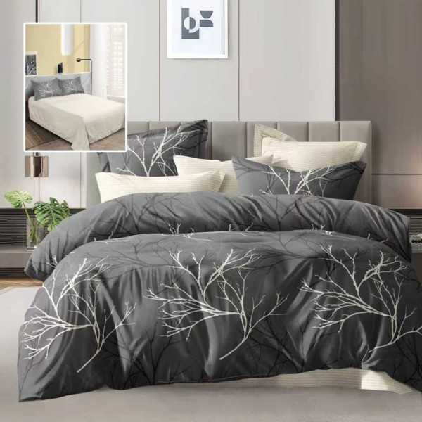 Lenjerie de pat dublu gri inchis cu imprimeu crengi albe si cearsaf drept uni crem