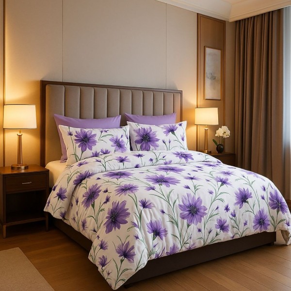 Lenjerie de pat dublu cu flori mov din bumbac si poliester Elvo - lenjerii 1+1 gratis