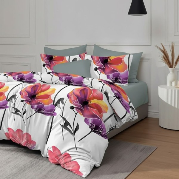 Lenjerie de pat dublu cu flori multicolore din bumbac si poliester Elvo - lenjerii 1+1 gratis