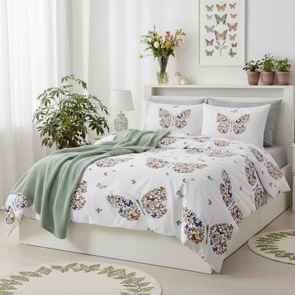 Lenjerie de pat dublu cu fluturi multicolori din bumbac si poliester Elvo - lenjerii 1+1 gratis