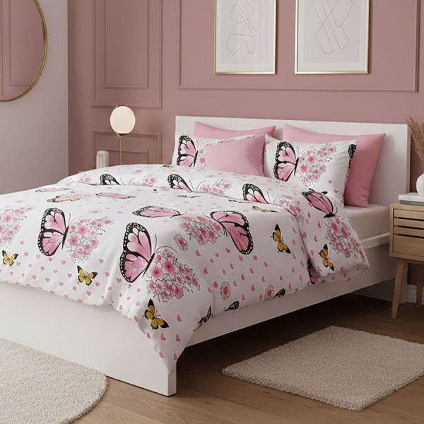 Lenjerie de pat dublu cu fluturi roz din bumbac si poliester Elvo - lenjerii 1+1 gratis