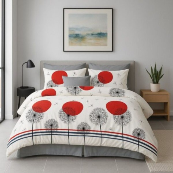 Lenjerie de pat dublu cu papadii si accente rosii din bumbac si poliester Elvo - lenjerii 1+1 gratis