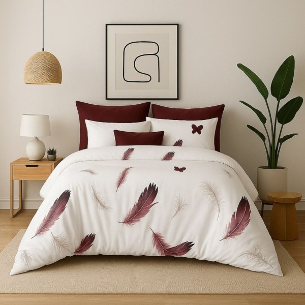 Lenjerie de pat dublu cu pene burgundy din bumbac si poliester Elvo