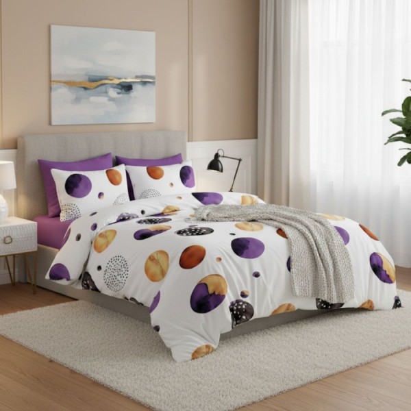 Lenjerie de pat dublu cu cercuriviolet si aurii din bumbac si poliester Elvo - lenjerii 1+1 gratis