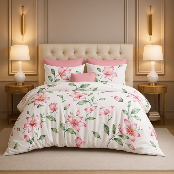 Lenjerie de pat dublu cu crini roz din bumbac si poliester Elvo - lenjerii 1+1 gratis