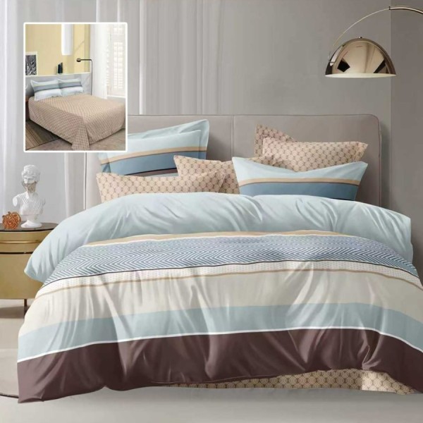Lenjerie de pat dublu cu dungi bleu maro crem si cearsaf drept uni bej