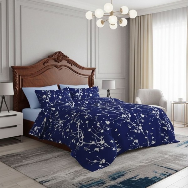 Lenjerie de pat dublu albastru cu imprimeu floral si cearceaf pat uni bleu