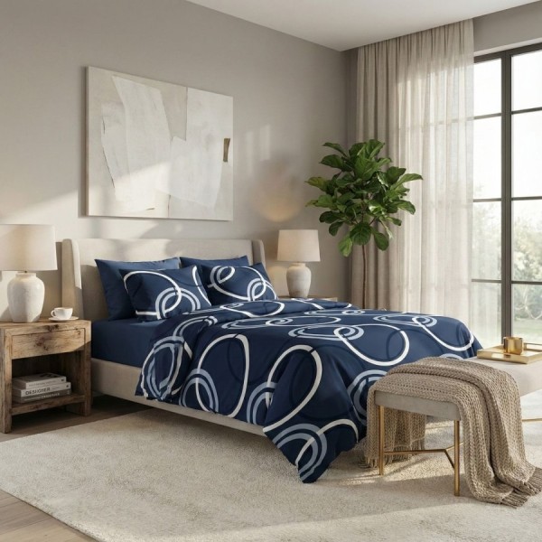 Lenjerie de pat dublu cercuri design geometric bleumarin