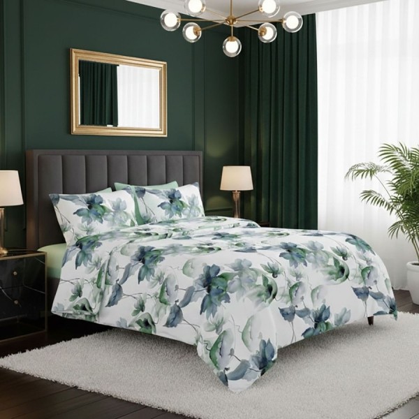 Lenjerie de pat dublu alba cu imprimeu floral verzi si cearceaf uni verde