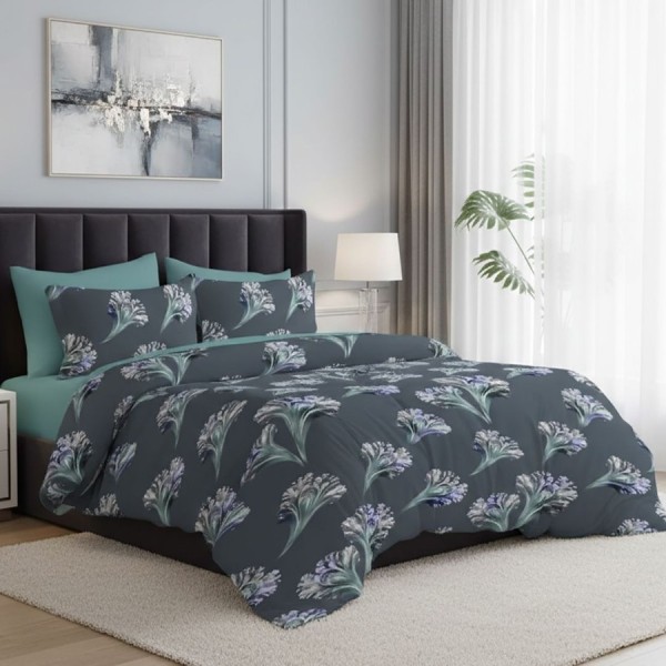 Lenjerie de pat dublu gri cu cu imprimeu floral abstract