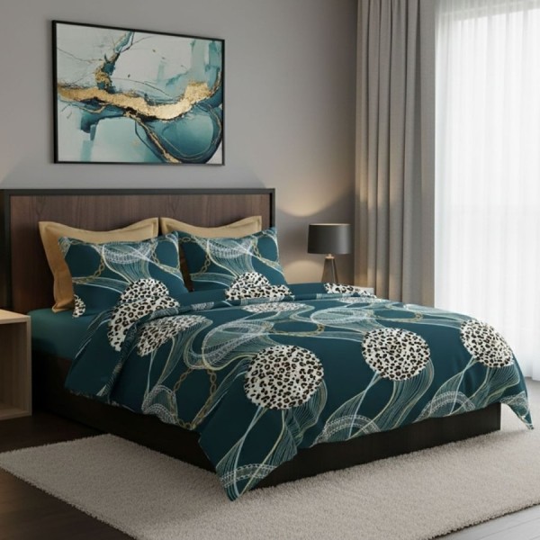 Lenjerie de pat dublu abstract verde petrol cu accente leopard