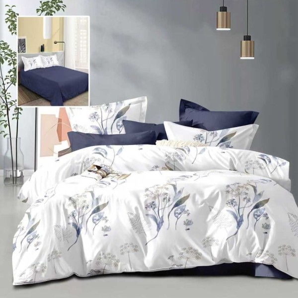 Lenjerie de pat dublu alba cu imprimeu flori albastre pastel si cearsaf drept uni albastru inchis