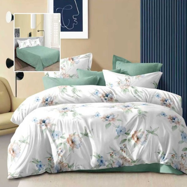 Lenjerie de pat dublu alba cu imprimeu flori bleu verde si cearsaf drept uni verde pastel